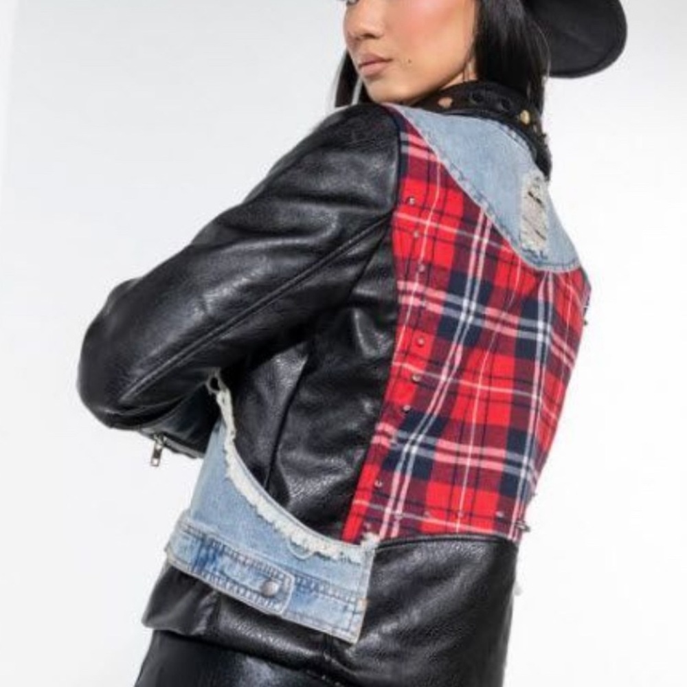 Women's Black and Red Plaid Denim Moto Jacket